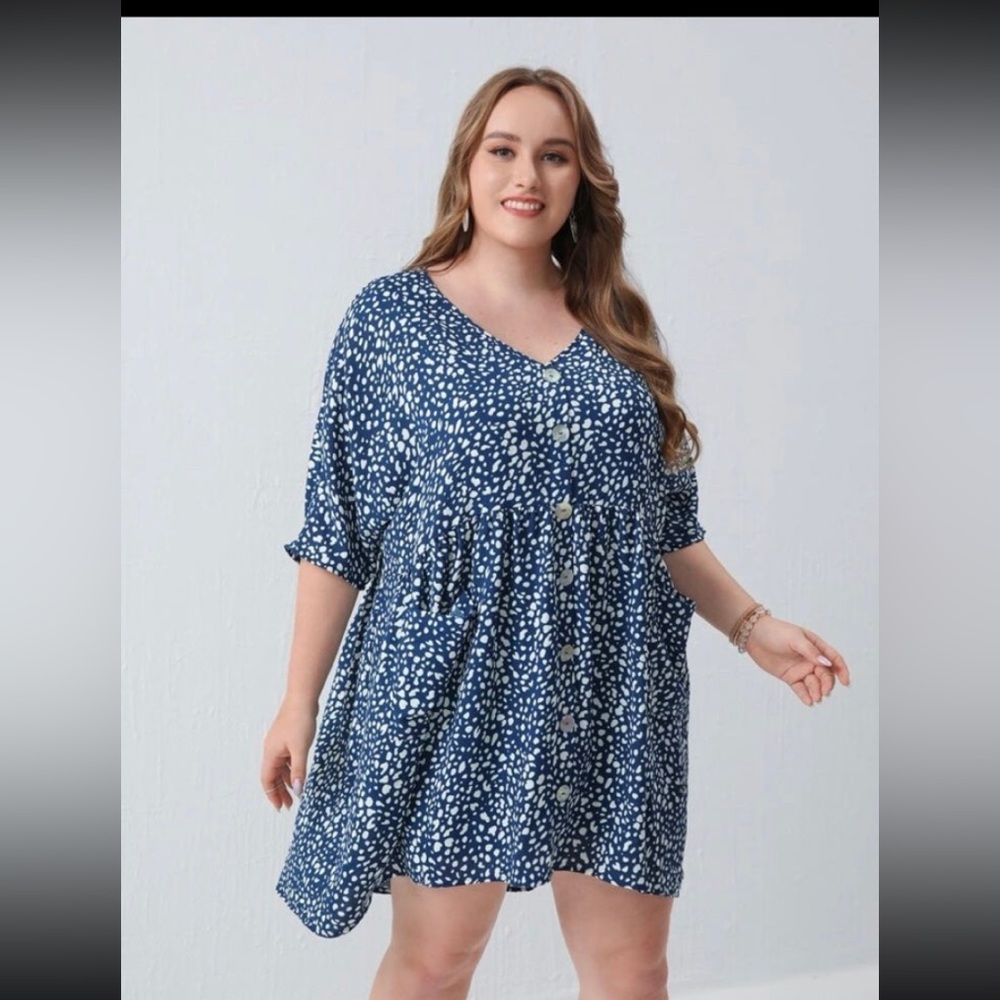 Plus Allover Print Pocket Button Front Smock Dress